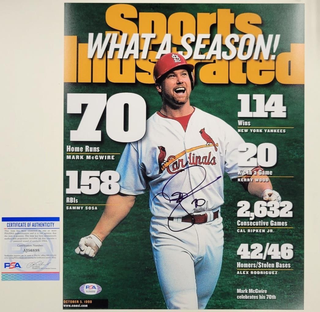 Mark McGwire Signed 70 HR St. Louis Cardinals 11x14 Photo PSA Authenticated: Mark McGwire Signed 70 HR St. Louis Cardinals 11x14 Photo PSA Authenticated This is an original 11x14 photograph of Mark McGwire, famously known for hitting his 70th home run, featuring his authentic 