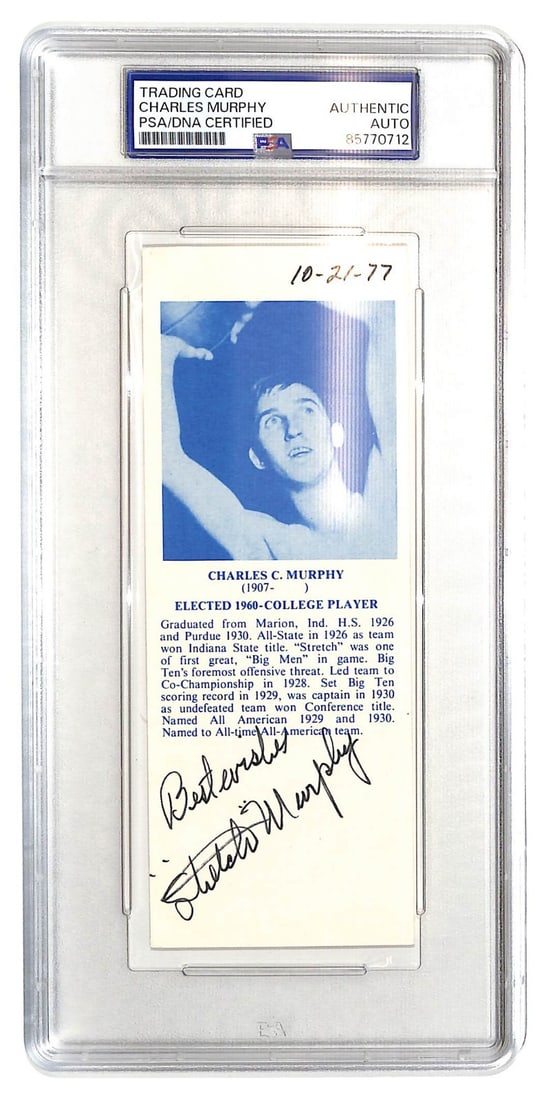 Basketball Hall of Fame Bookmark Signed by Stretch Murphy PSA Purdue: Basketball Hall of Fame Bookmark Signed by Stretch Murphy PSA Purdue This is an original basketball bookmark signed by Stretch Murphy, a notable player associated with the Purdue Boilermakers. The aut