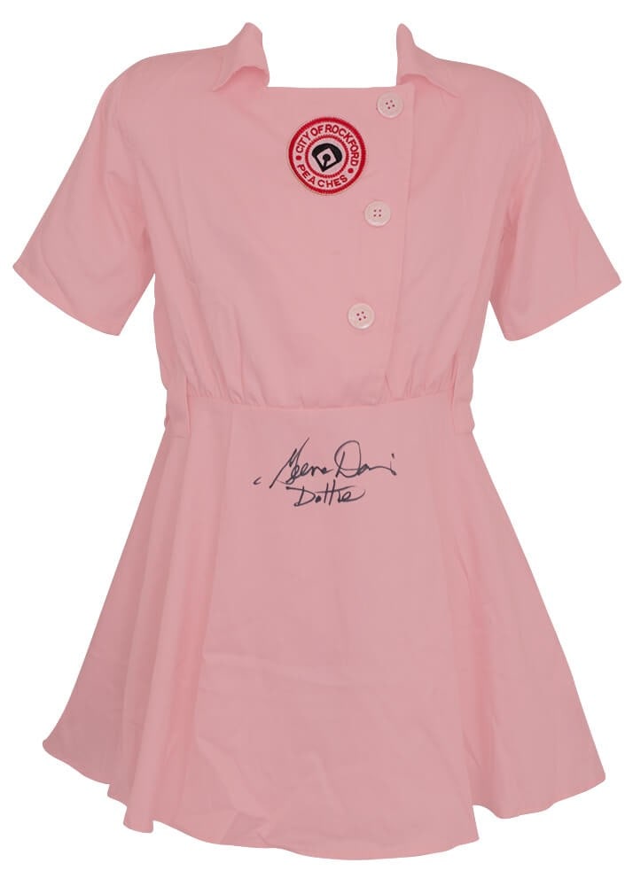 Geena Davis Signed Rockford Peaches Jersey Dottie A League of Their Own COA: Geena Davis Signed Rockford Peaches Jersey Dottie A League of Their Own COA This original Rockford Peaches costume baseball jersey, signed by Geena Davis, features the character name inscription 'Dott