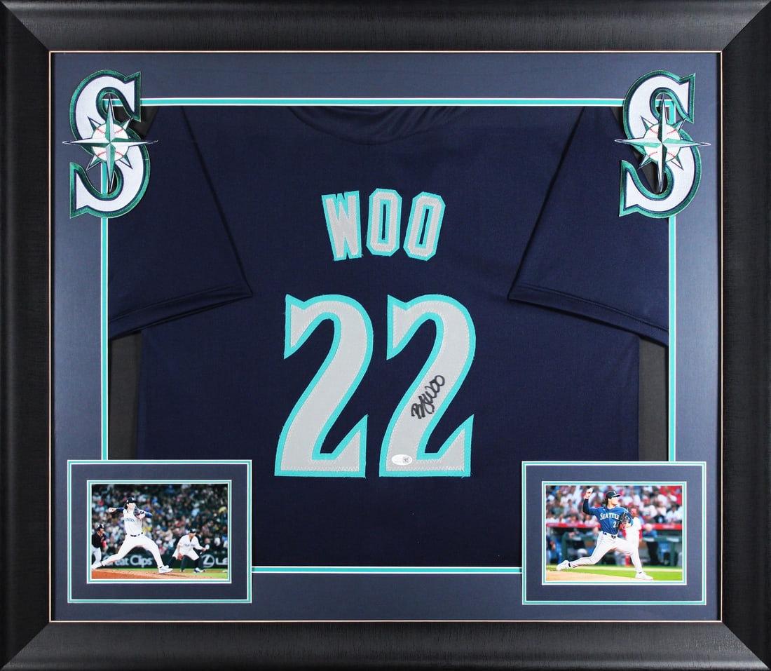 Framed Bryan Woo Signed Seattle Mariners Navy Jersey Beckett BAS Witnessed (1 of 2)