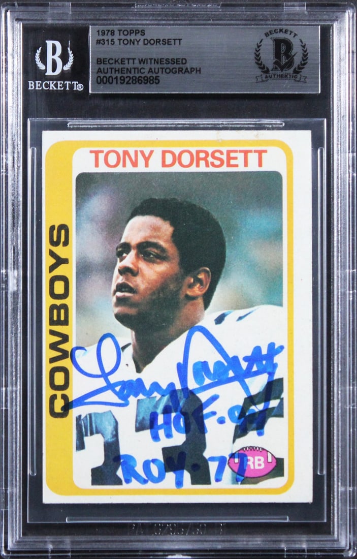 Tony Dorsett Autographed 1978 Topps Rookie Card With Beckett Authentication: Tony Dorsett Autographed 1978 Topps Rookie Card With Beckett Authentication This is an original 1978 Topps #315 rookie card signed by Tony Dorsett of the Dallas Cowboys. The card features Dorsett's au