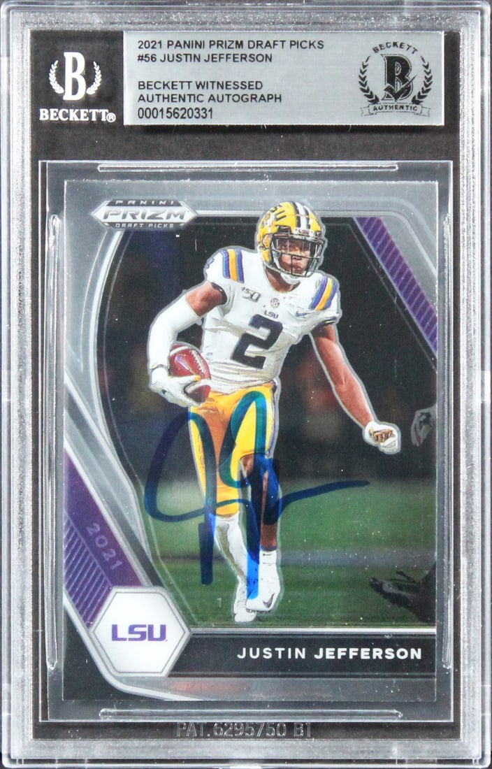 Beckett slabbed Justin Jefferson autographed 2020 Panini Prizm Draft Picks #56: Beckett slabbed Justin Jefferson autographed 2020 Panini Prizm Draft Picks #56 This 2020 Panini Prizm Draft Picks #56 football card features a personal signature from Justin Jefferson of the Minnesota