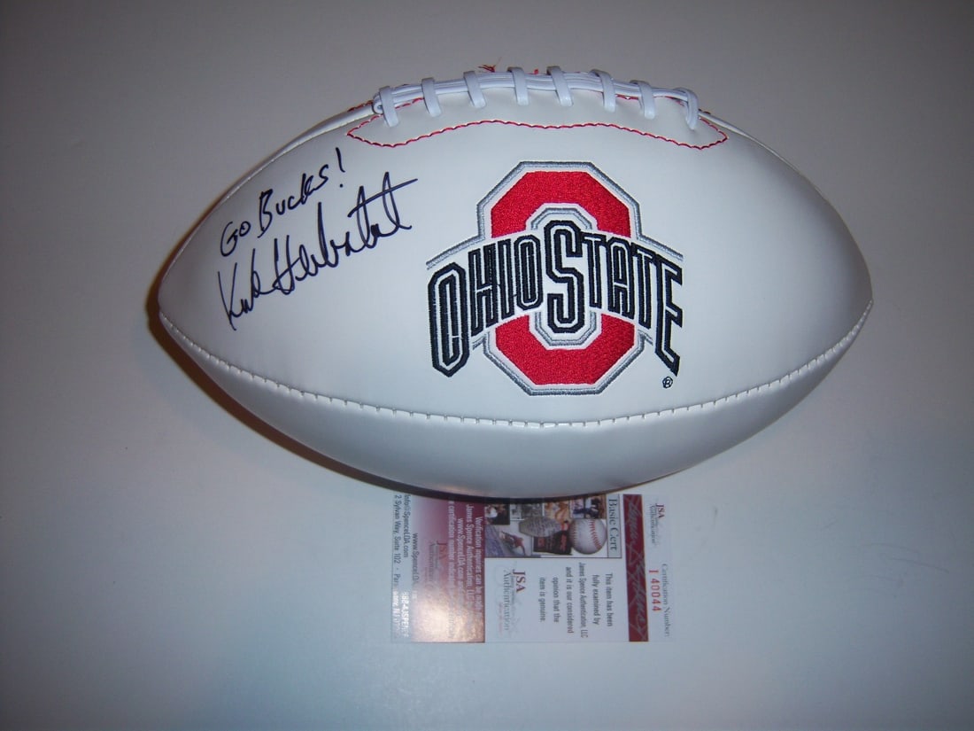 Signed Ohio State Buckeyes football by Kirk Herbstreit JSA COA: Signed Ohio State Buckeyes football by Kirk Herbstreit JSA COA This collectible football features the Ohio State Buckeyes logo and has been personally signed by Kirk Herbstreit. The ball is an