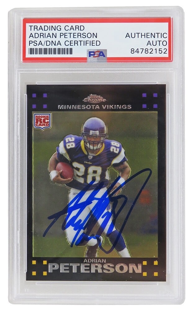 Adrian Peterson Signed Vikings 2007 Topps Chrome Rookie Card #TC181 PSA Slabbed: Adrian Peterson Signed Vikings 2007 Topps Chrome Rookie Card #TC181 PSA Slabbed This is a signed Adrian Peterson 2007 Topps Chrome rookie trading card, featuring the Minnesota Vikings star. The card