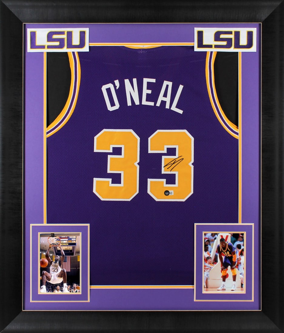 Shaquille O'Neal Signed LSU Purple Framed Jersey Beckett Witness Authenticated: Shaquille O'Neal Signed LSU Purple Framed Jersey Beckett Witness Authenticated This is an original, hand-signed purple Pro Style framed jersey, personally autographed by Shaquille O'Neal of the Louisi