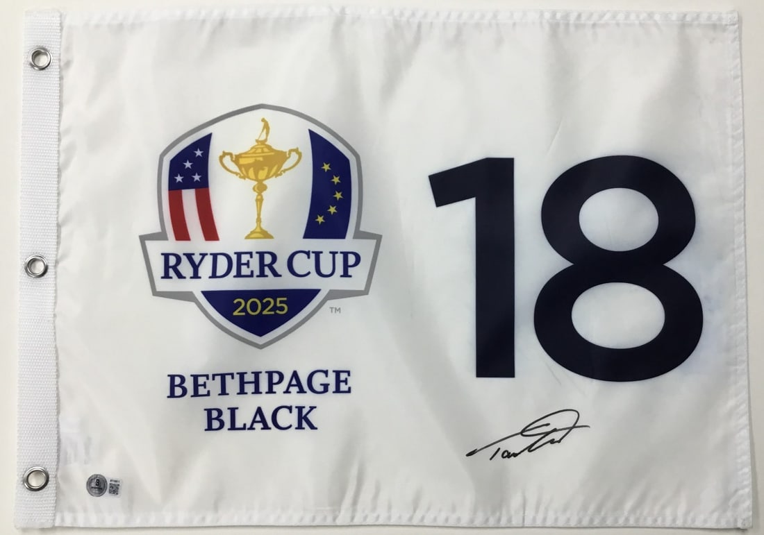 Tommy Fleetwood Signed 2025 Ryder Cup Bethpage Black Flag Beckett Authenticated: Tommy Fleetwood Signed 2025 Ryder Cup Bethpage Black Flag Beckett Authenticated Celebrate the excitement of the 2025 Ryder Cup with this authentic signed pin flag featuring Tommy Fleetwood. This offic