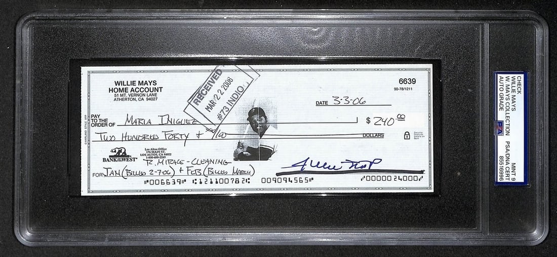 2006 Willie Mays HOF autographed bank check PSA DNA Mint 9 (1 of 2)