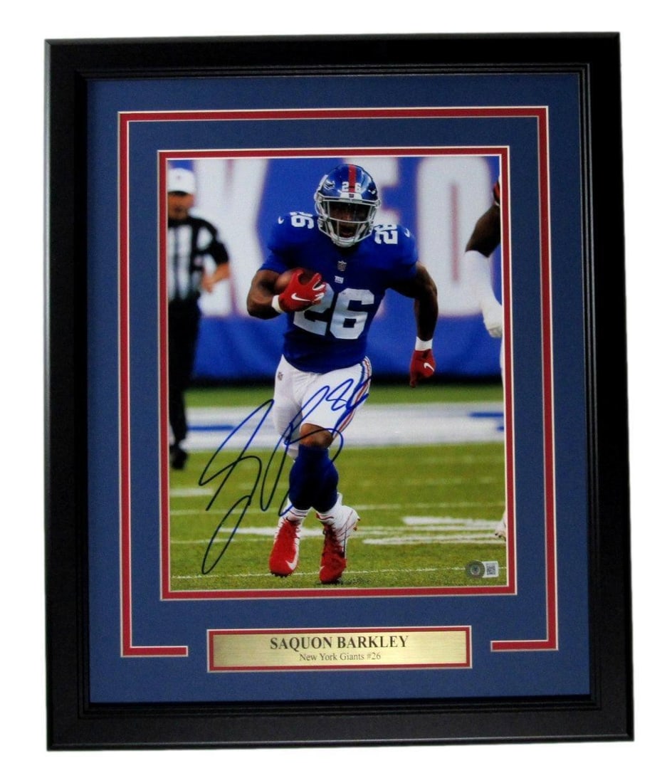 Saquon Barkley Autographed 11x14 Photo Framed New York Giants BAS Beckett: Saquon Barkley Autographed 11x14 Photo Framed New York Giants BAS Beckett Celebrate your admiration for Saquon Barkley with this stunning autographed 11x14 photo of the New York Giants star. This fram