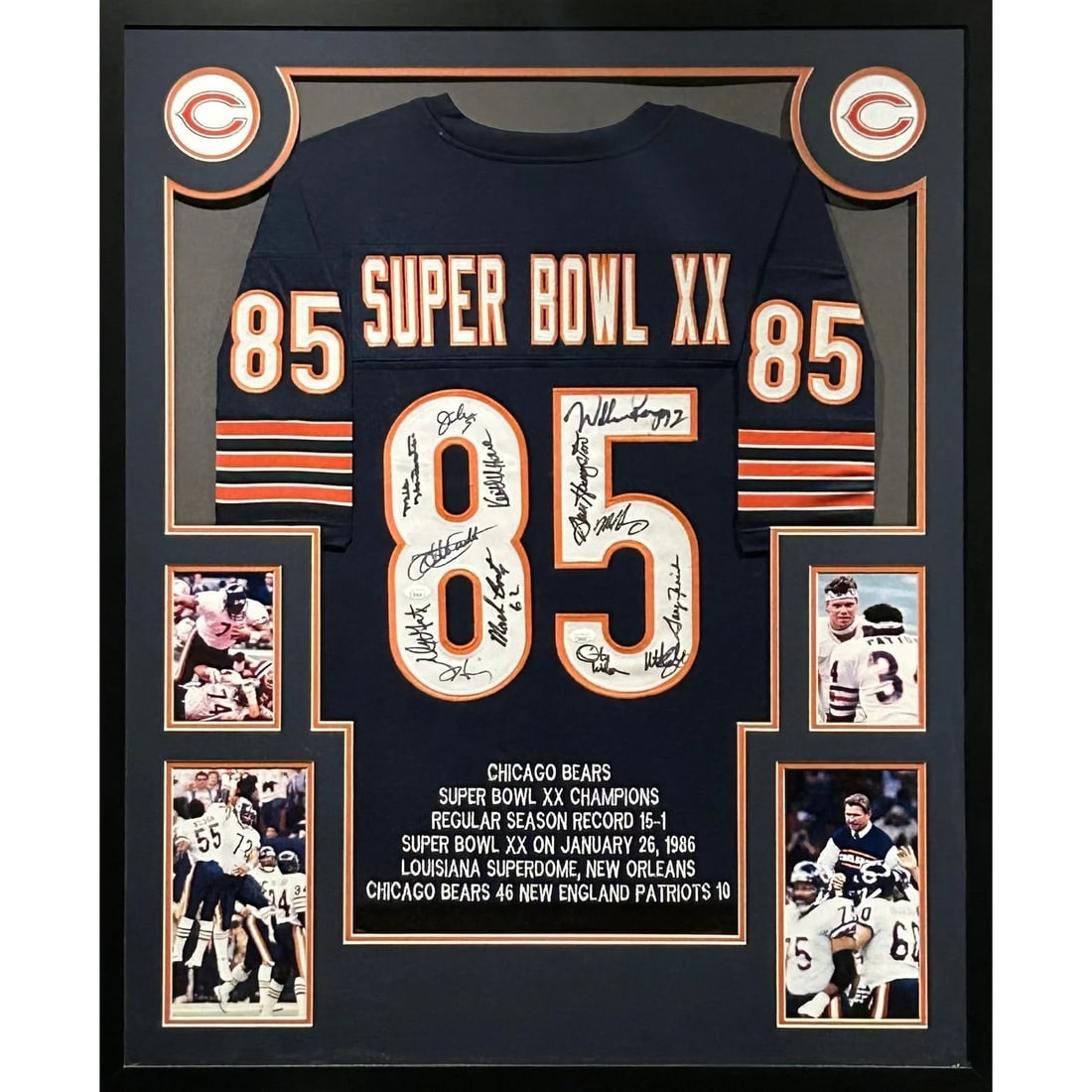 Framed Chicago Bears 1985 team signed jersey with 12 autographs JSA: Framed Chicago Bears 1985 team signed jersey with 12 autographs JSA Framed autographed Chicago Bears navy jersey featuring signatures from 12 members of the 1985 team. This custom sewn jersey is prese
