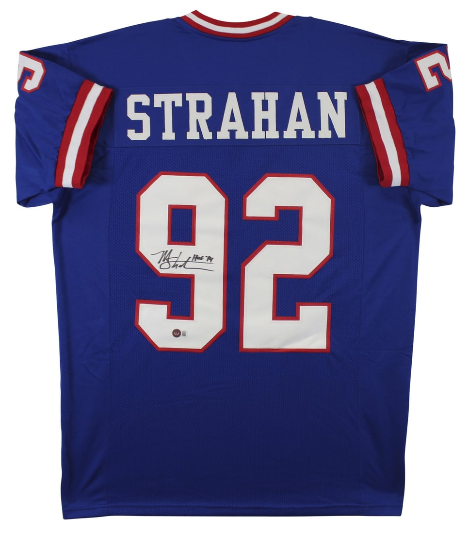 Beckett Witnessed Michael Strahan Signed New York Giants Blue Jersey HOF 14: Beckett Witnessed Michael Strahan Signed New York Giants Blue Jersey HOF 14 Authentic signed blue pro style jersey personally autographed by Michael Strahan and associated with the New York Giants. Th