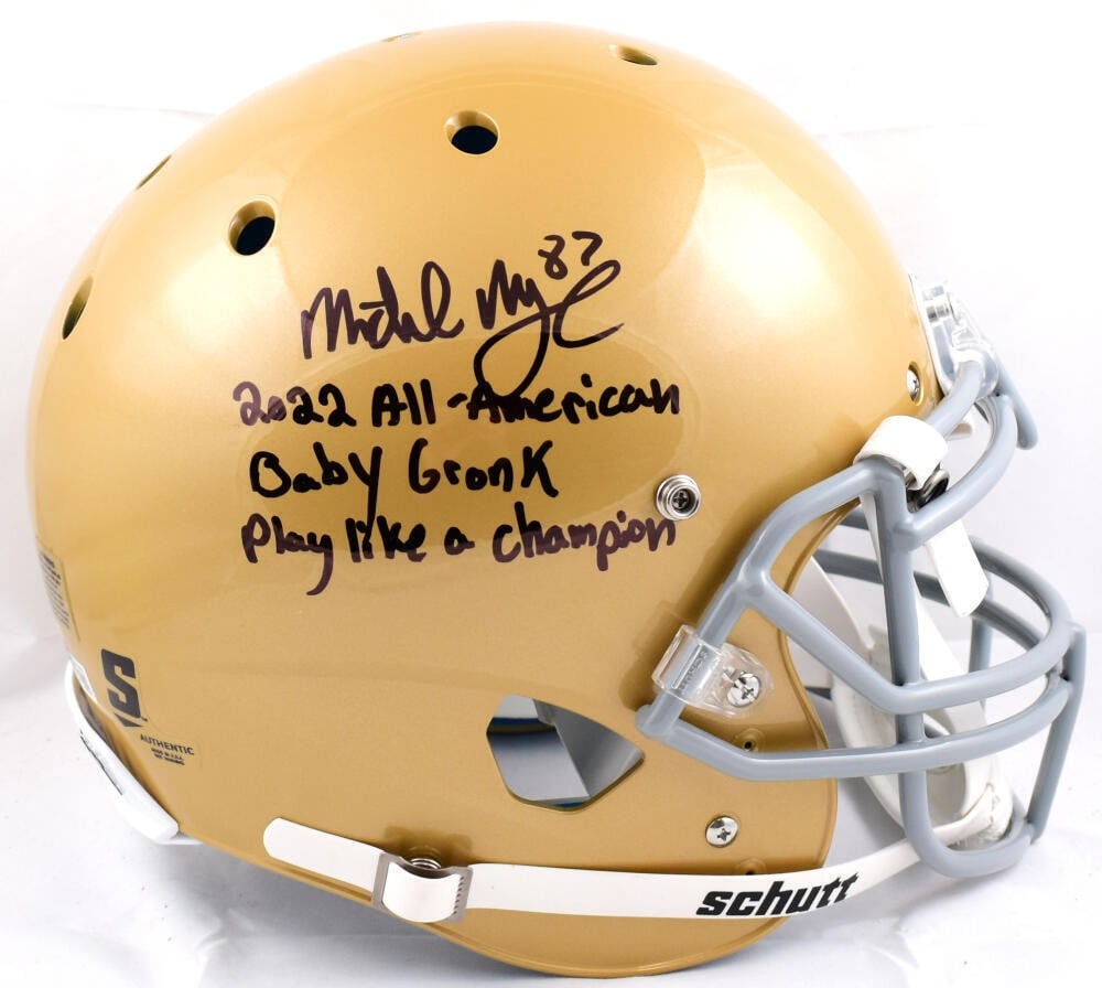 Schutt full size authentic helmet signed by Michael Mayer Beckett witness: Schutt full size authentic helmet signed by Michael Mayer Beckett witness This is an original, signed full-size Notre Dame Schutt authentic football helmet by Michael Mayer. It is associated with the 