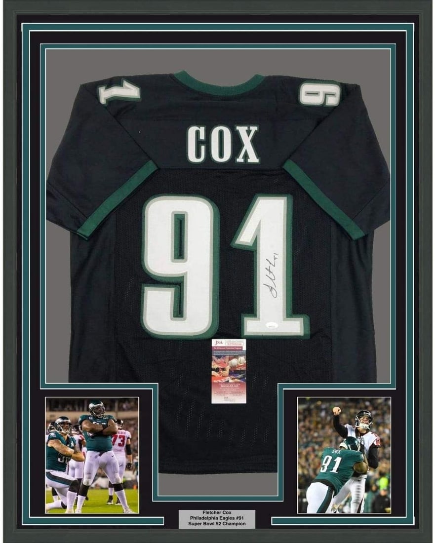 Fletcher Cox autographed framed Philadelphia Eagles black jersey JSA 35x39: Fletcher Cox autographed framed Philadelphia Eagles black jersey JSA 35x39 Professionally framed and matted signed Fletcher Cox Philadelphia black jersey with two 5x7 photos. This original autographed