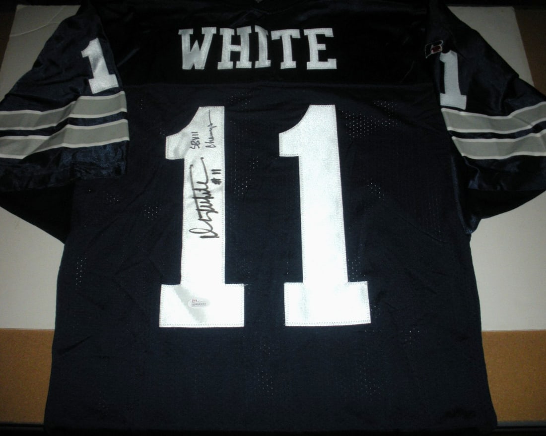 Dallas Cowboys Russell Jersey Signed by Danny White with JSA COA: Dallas Cowboys Russell Jersey Signed by Danny White with JSA COA This is a pre-owned, officially licensed Russell brand Dallas Cowboys jersey signed by Danny White. The jersey is an original item and 
