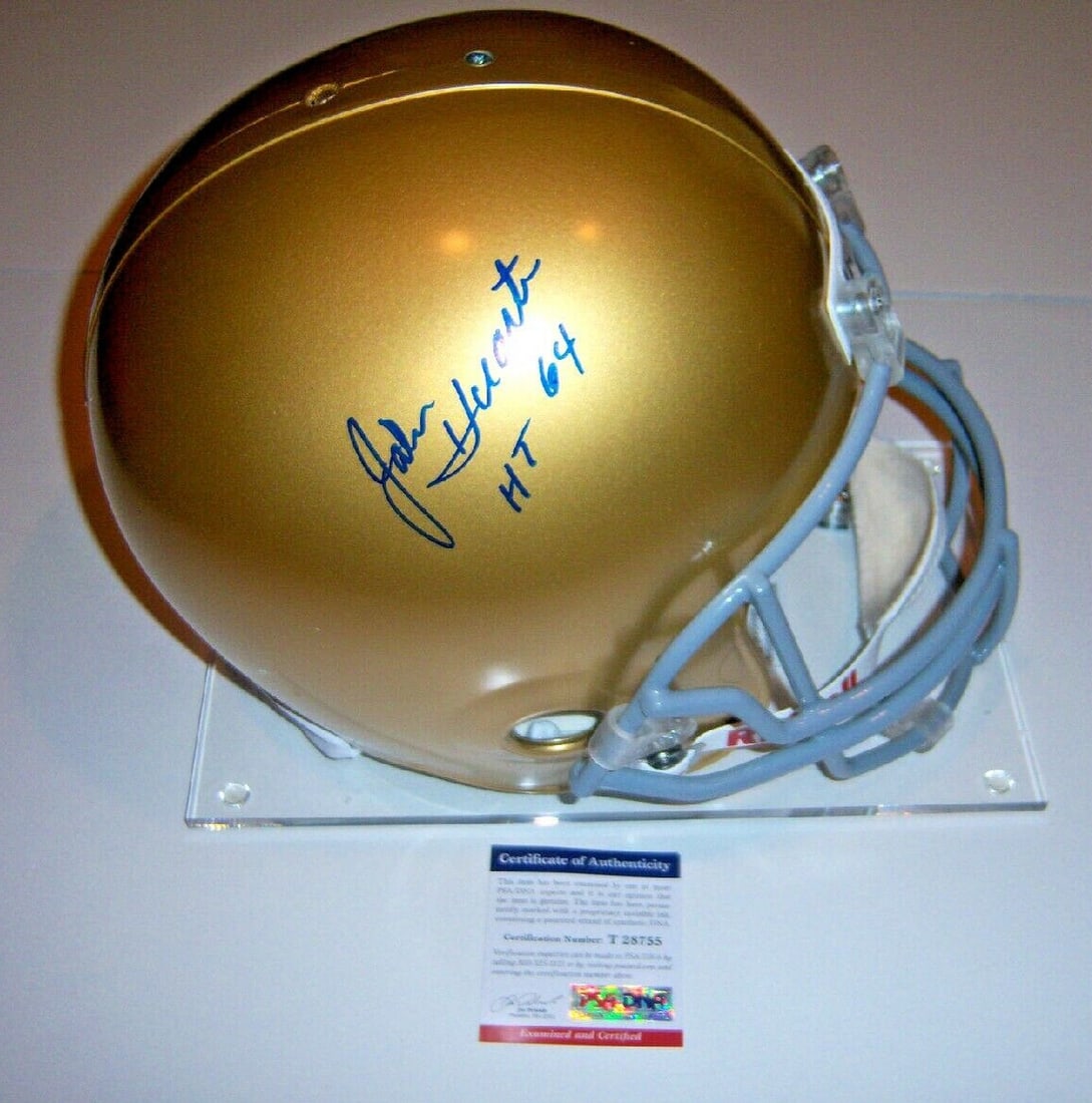 Signed Notre Dame replica football helmet PSA DNA COA John Huarte: Signed Notre Dame replica football helmet PSA DNA COA John Huarte This is a full-size replica football helmet signed by John Huarte, the 1964 Heisman Trophy winner from Notre Dame. The helmet comes wi
