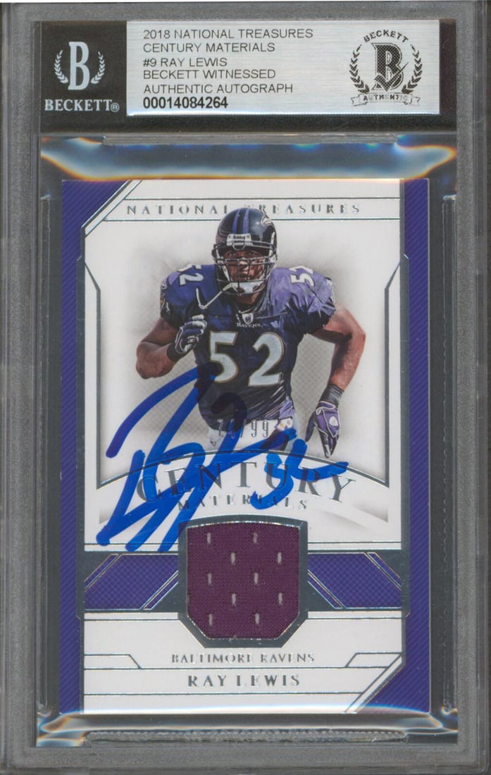 Ray Lewis Gem Mint 10 Beckett Slabbed 2018 National Treasures CM Auto Card #9 74/99: Ray Lewis Gem Mint 10 Beckett Slabbed 2018 National Treasures CM Auto Card #9 74/99 This 2018 National Treasures Colossal Materials #9 card, serial numbered 74/99, features the autograph of legendary 