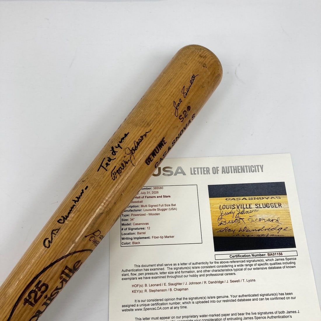 Louisville Slugger bat signed by 10 Hall of Famers with JSA COA: Louisville Slugger bat signed by 10 Hall of Famers with JSA COA Well-used Louisville Slugger professional model baseball bat signed by Hall of Famers and old-time stars, including Travis Jackson, Ted 