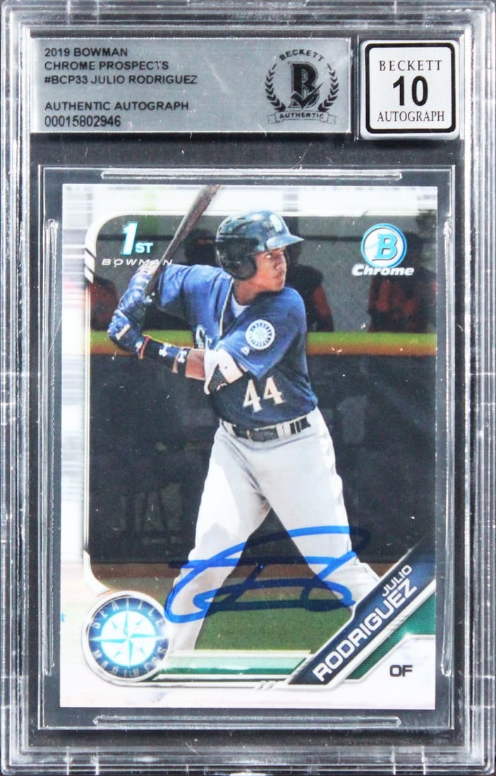 Julio Rodriguez Autographed 2019 Bowman Chrome BCP33 Rookie Card Beckett Slabbed (1 of 2)