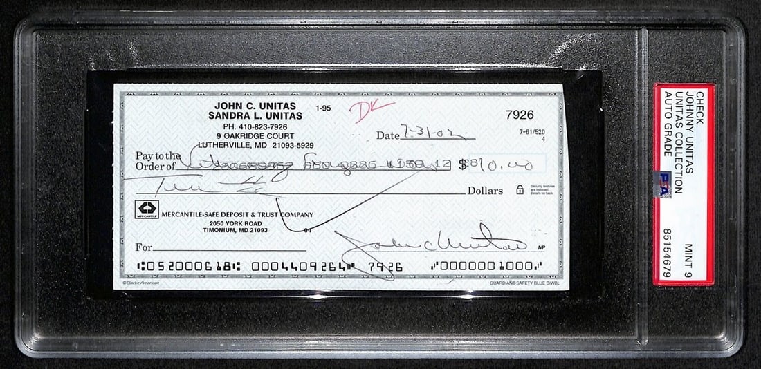PSA DNA Mint 9 Johnny Unitas autographed 7 31 02 check: PSA DNA Mint 9 Johnny Unitas autographed 7 31 02 check Original signed cancelled check from Johnny Unitas of the Baltimore Colts, dated July 31, 2002. The piece is authenticated by PSA/DNA, graded MIN