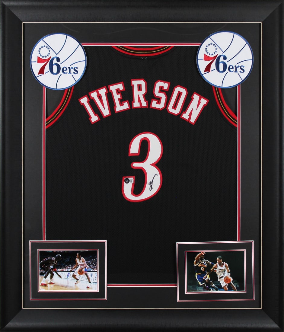 Allen Iverson Signed Framed Jersey Philadelphia 76ers BAS Authenticated 32 x 37: Allen Iverson Signed Framed Jersey Philadelphia 76ers BAS Authenticated 32 x 37 This authentic black pro style jersey, personally signed by Allen Iverson, showcases the legacy of the Philadelphia 76er