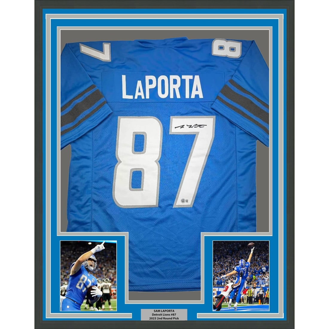 Sam LaPorta signed framed Detroit Lions jersey 35x39 Beckett COA: Sam LaPorta signed framed Detroit Lions jersey 35x39 Beckett COA Professionally framed and matted original blue Detroit Lions jersey signed by Sam LaPorta. This pre-owned display includes two 5x7 phot