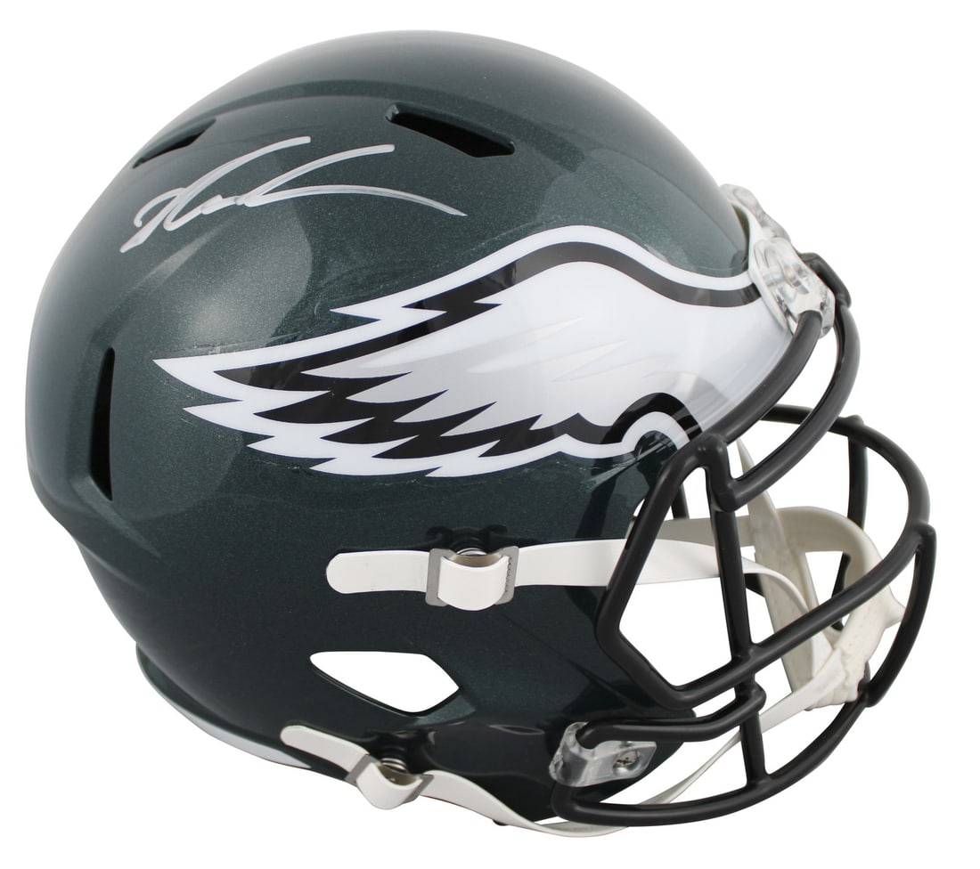 Jalen Carter Autographed Eagles Full Size Helmet with BAS Authentication: Jalen Carter Autographed Eagles Full Size Helmet with BAS Authentication This official Philadelphia Eagles Full Size Speed Replica Helmet has been personally signed by Jalen Carter, featuring a striki