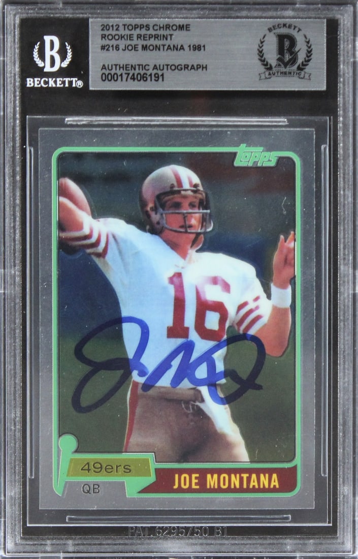 Joe Montana autographed 2012 Topps Chrome Reprint #216 BAS Beckett slabbed card: Joe Montana autographed 2012 Topps Chrome Reprint #216 BAS Beckett slabbed card Autographed 2012 Topps Chrome Rookie Reprint #216 card featuring Joe Montana of the San Francisco 49ers. The card is sla