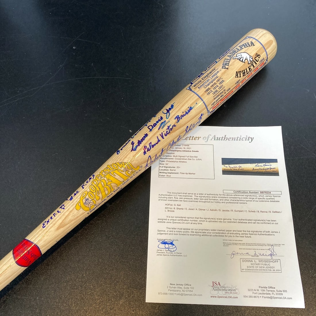Rare Philadelphia Athletics Legends Signed Inscribed Bat 30 Full Names JSA COA: Rare Philadelphia Athletics Legends Signed Inscribed Bat 30 Full Names JSA COA This rare Philadelphia Athletics commemorative bat is a must-have for any baseball enthusiast. Crafted by the Cooperstown