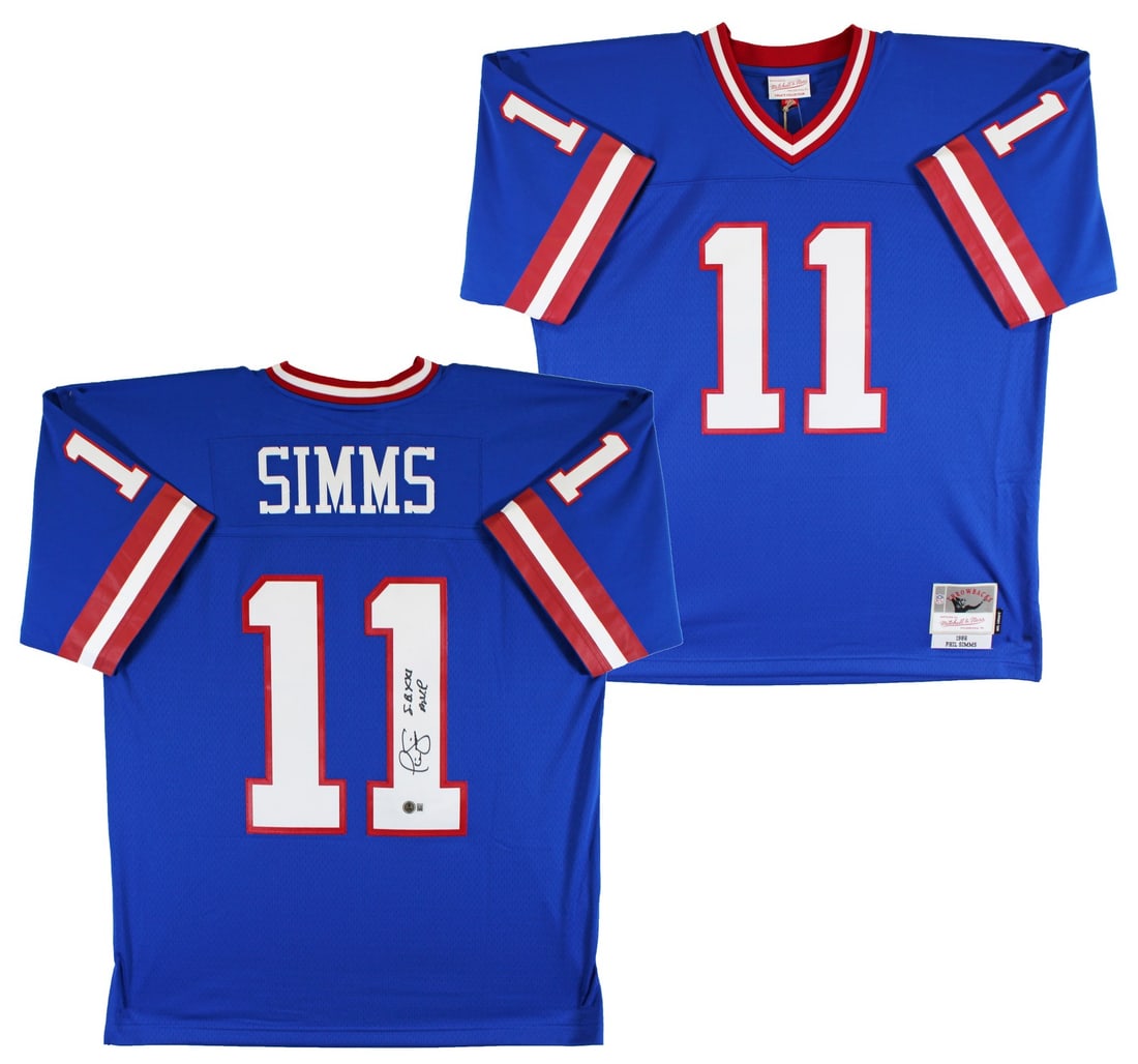 Phil Simms Signed Blue Mitchell & Ness Jersey SB XXI MVP BAS Authentic: Phil Simms Signed Blue Mitchell & Ness Jersey SB XXI MVP BAS Authentic Celebrate the legacy of Phil Simms with this authentic blue Mitchell & Ness jersey, personally signed by the legendary quarterbac