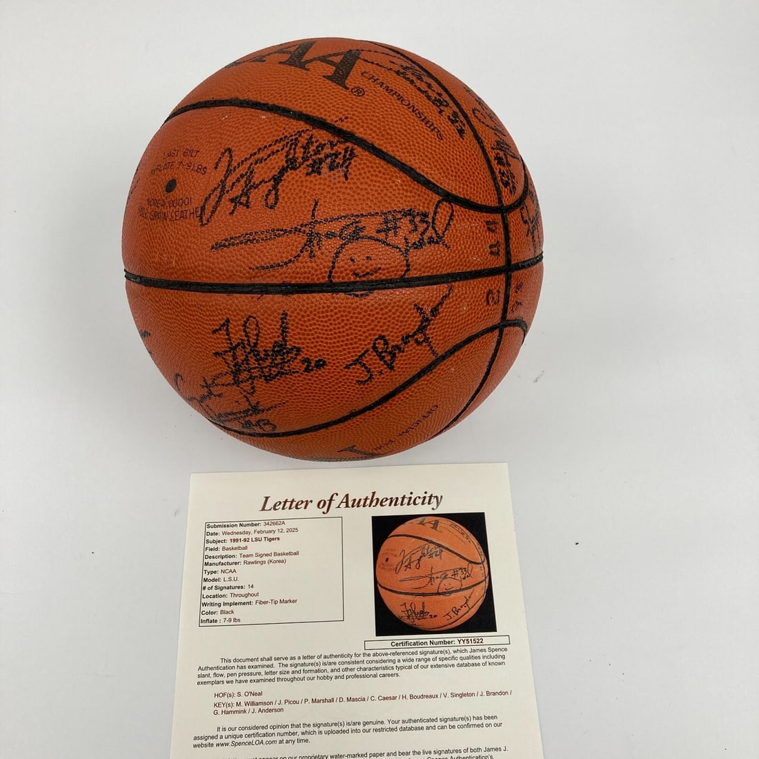 1991-92 LSU Team Signed Game Used Basketball with Shaquille O'Neal JSA Authenticated: 1991-92 LSU Team Signed Game Used Basketball with Shaquille O'Neal JSA Authenticated This is a rare 1991-92 LSU Team Signed Official Rawlings NCAA Final Four Championship Game Used Basketball featurin