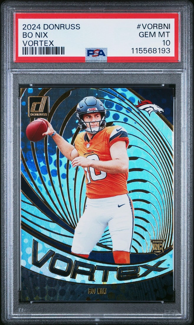 2024 Panini Donruss Bo Nix Vortex Rookie Football Card PSA 10: 2024 Panini Donruss Bo Nix Vortex Rookie Football Card PSA 10 This is a 2024 Panini Donruss Bo Nix #VORBNI Vortex Rookie RC Football Card, graded PSA 10 by Professional Sports Authenticator (PSA). Thi
