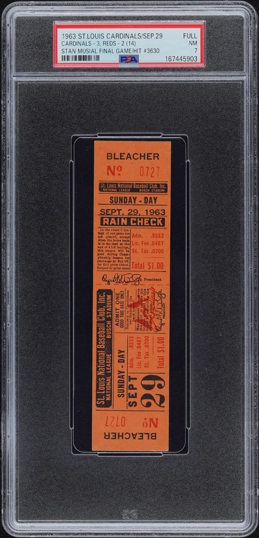 PSA 7 Stan Musial 1963 Final Game Full Ticket Hit 3630: PSA 7 Stan Musial 1963 Final Game Full Ticket Hit 3630 Original full ticket from Stan Musial's final career game on September 29, 1963, commemorating hit #3630. This pre-owned baseball collectible is 