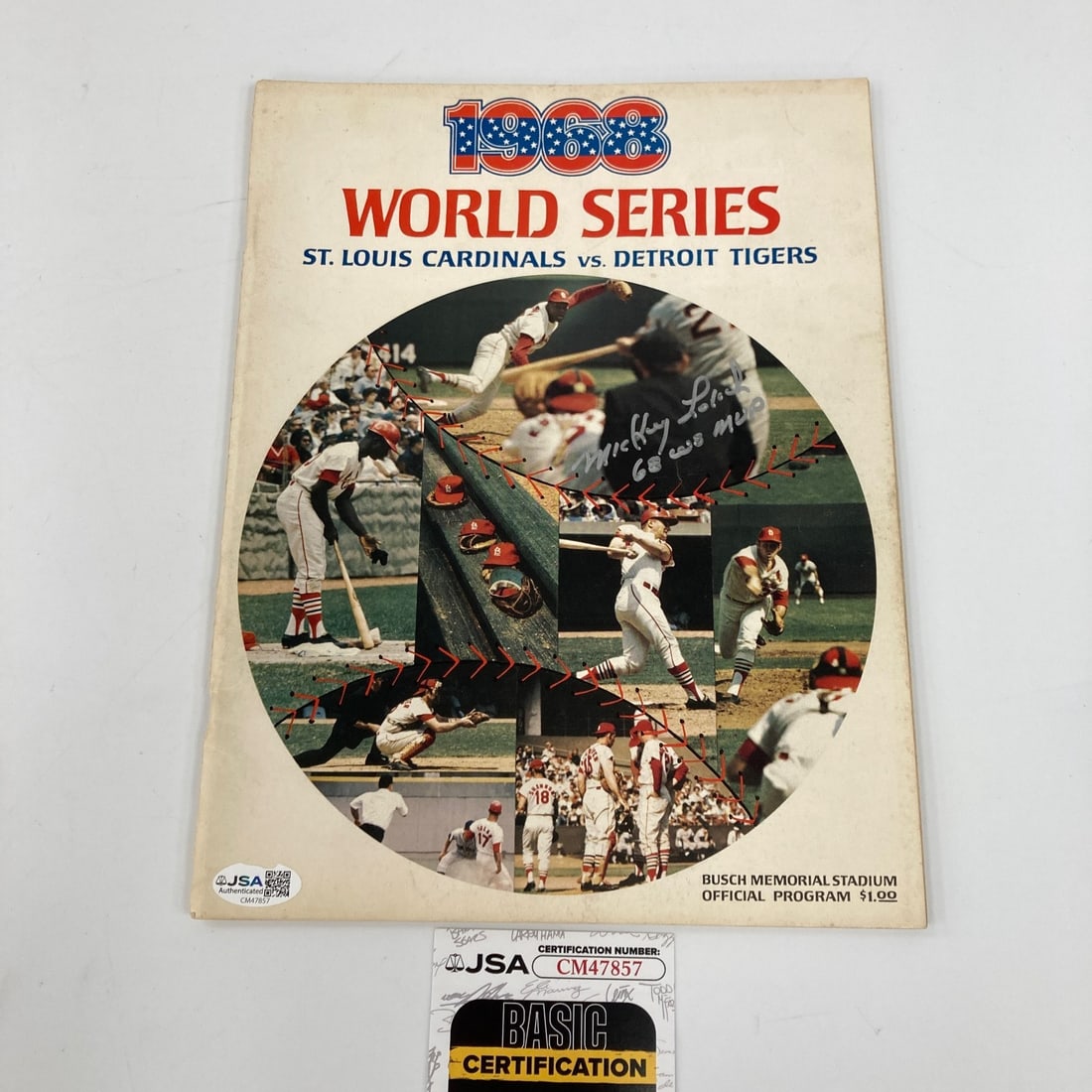 Signed World Series Program Mickey Lolich 1968 W.S. MVP JSA Authenticated: Signed World Series Program Mickey Lolich 1968 W.S. MVP JSA Authenticated Original signed World Series program featuring Mickey Lolich with the inscription "1968 W.S. MVP." This baseball collectible i