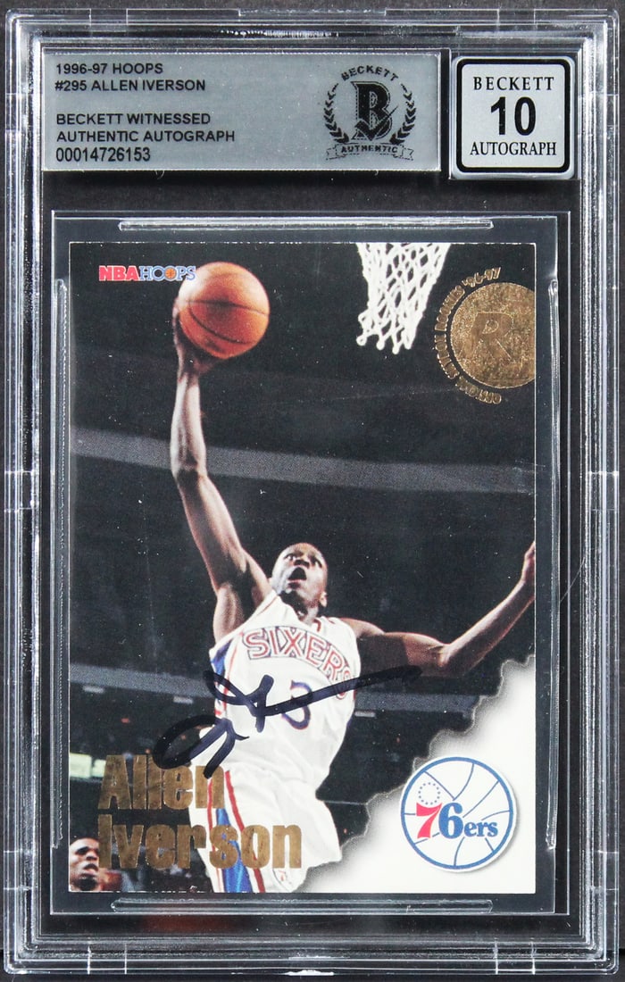 Allen Iverson Signed 1996 Hoops Rookie Card Gem Mint 10 BAS Slabbed: Allen Iverson Signed 1996 Hoops Rookie Card Gem Mint 10 BAS Slabbed This is a remarkable 1996 Hoops #295 Rookie Card, autographed by NBA legend Allen Iverson, a key player for the Philadelphia 76ers. 