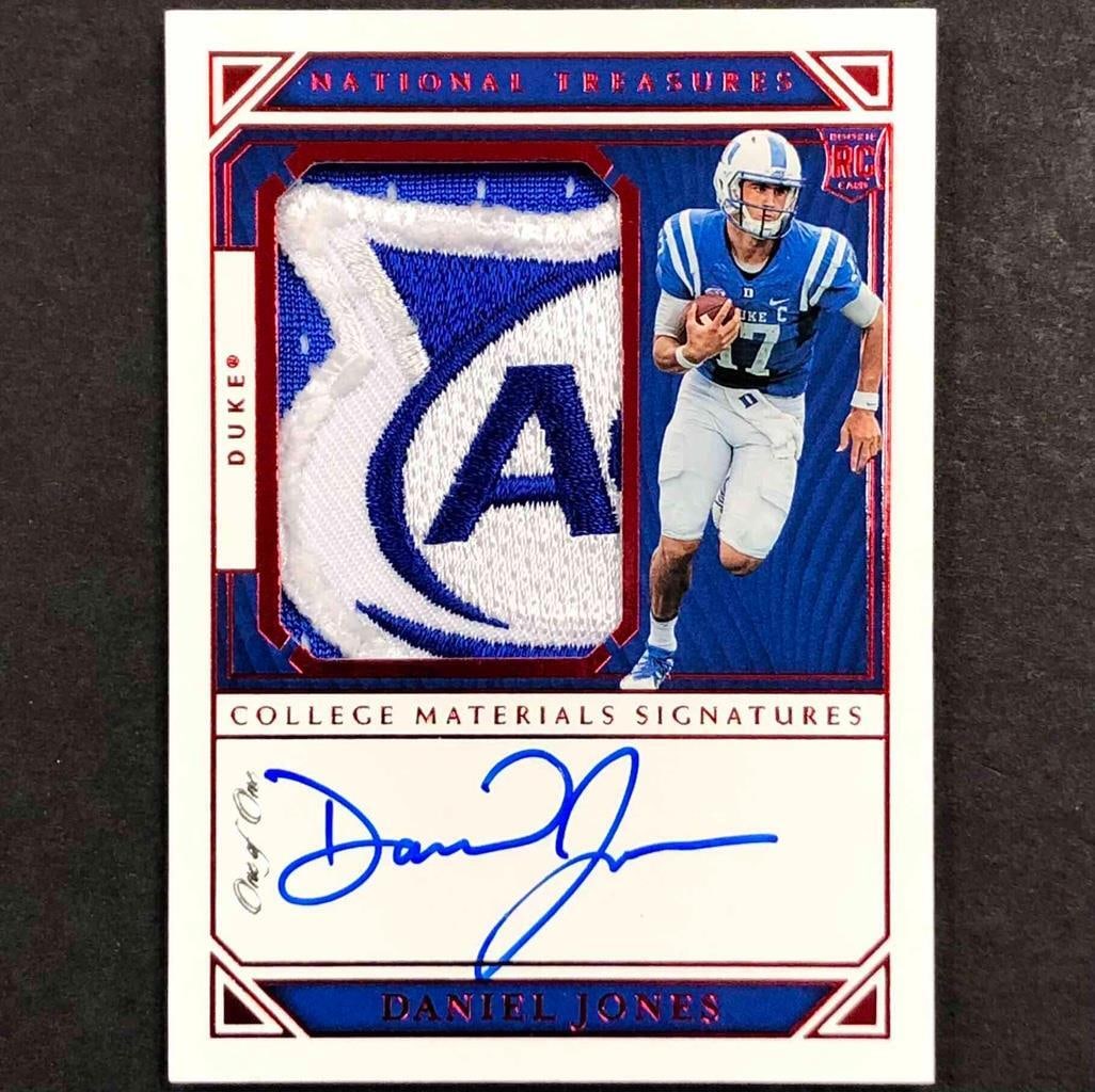 Daniel Jones 2019 Rookie Patch Auto Card 1 of 1 Panini National Treasures: Daniel Jones 2019 Rookie Patch Auto Card 1 of 1 Panini National Treasures This is a 2019 Panini National Treasures #116 Daniel Jones rookie patch autograph (RPA) trading card. The card features a hard
