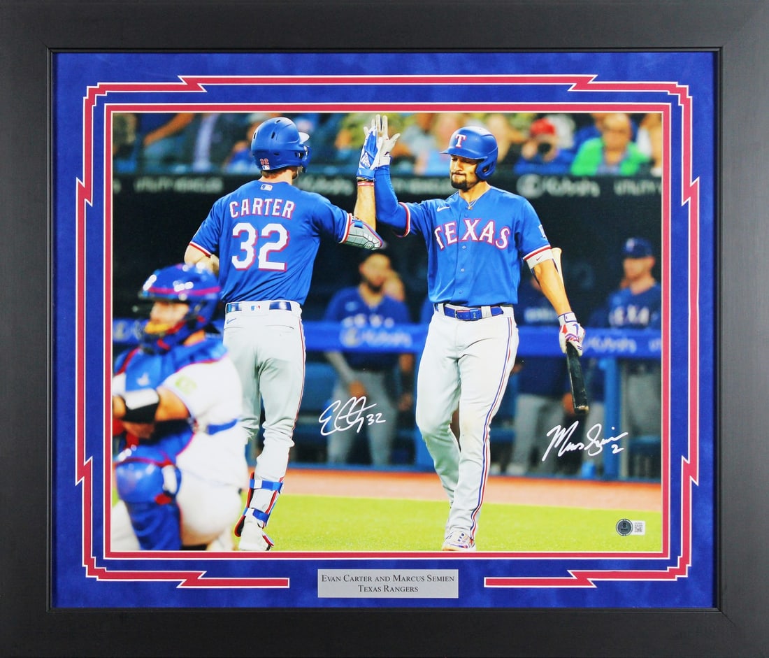 Beckett Witnessed Texas Rangers Framed 16x20 Photo Signed by Carter and Semien: Beckett Witnessed Texas Rangers Framed 16x20 Photo Signed by Carter and Semien Original framed 16x20 photo signed by Evan Carter and Marcus Semien of the Texas Rangers. The autograph is authenticated 