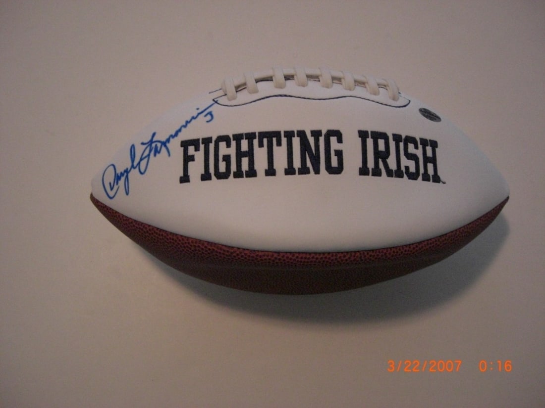 Signed Notre Dame Fighting Irish football by Daryle Lamonica: Signed Notre Dame Fighting Irish football by Daryle Lamonica This collectible football features the signature of Daryle Lamonica, associated with the Notre Dame Fighting Irish. The ball is an original