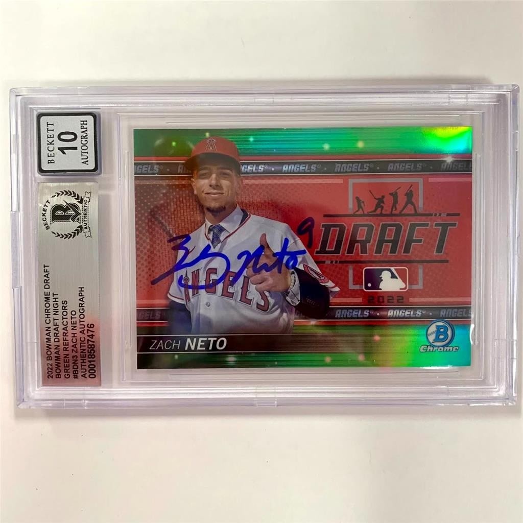 Zach Neto 2022 Bowman Draft Night Green Rookie Auto BAS 10: Zach Neto 2022 Bowman Draft Night Green Rookie Auto BAS 10 This pre-owned 2022 Bowman Draft Night Green rookie card features Zach Neto of the Los Angeles Angels. The card is hard signed by Zach Neto a