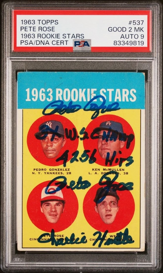 PSA Slabbed 1963 Topps #537 Pete Rose Signed Rookie Card Auto 9 Grade 2: PSA Slabbed 1963 Topps #537 Pete Rose Signed Rookie Card Auto 9 Grade 2 Original 1963 Topps #537 Rookie Stars baseball card personally signed by Pete Rose and featuring the inscriptions "2x WS Champ, 