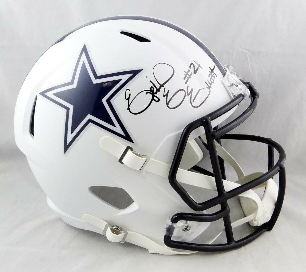 Dallas Cowboys full size white speed helmet signed by Ezekiel Elliott Beckett: Dallas Cowboys full size white speed helmet signed by Ezekiel Elliott Beckett This Dallas Cowboys full-size flat white Speed helmet features the authentic signature of Ezekiel Elliott. The helmet is a