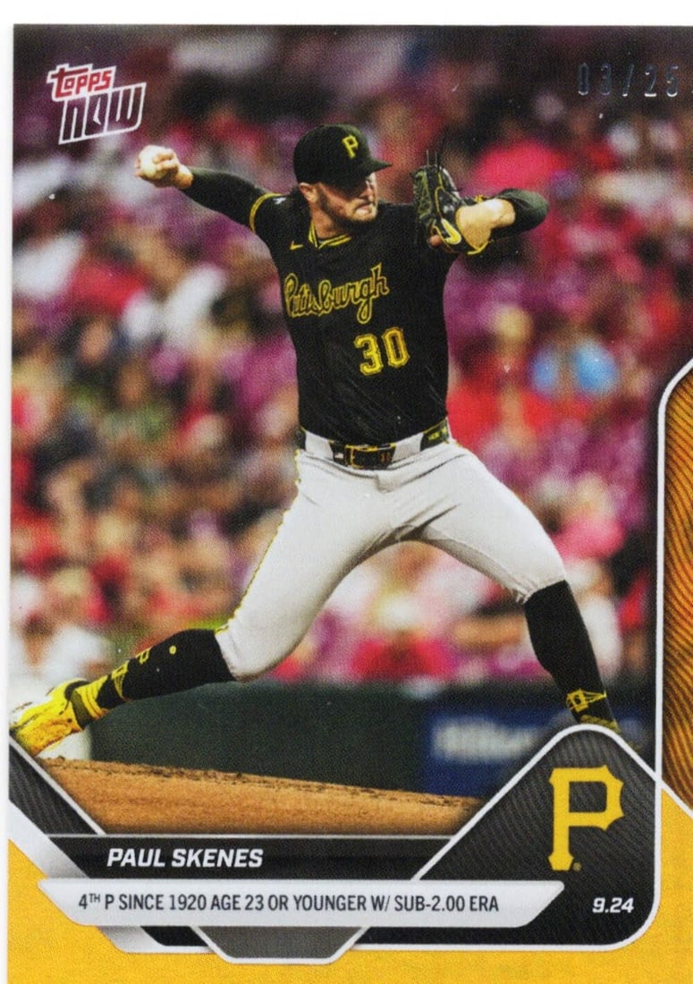 2025 Topps Now Paul Skenes #763 Orange Foil /50 Graded Baseball Card: 2025 Topps Now Paul Skenes #763 Orange Foil /50 Graded Baseball Card This is a 2025 Topps Now Paul Skenes #763 Orange Foil baseball card, limited to just 50 copies. The card features Paul Skenes, a pl
