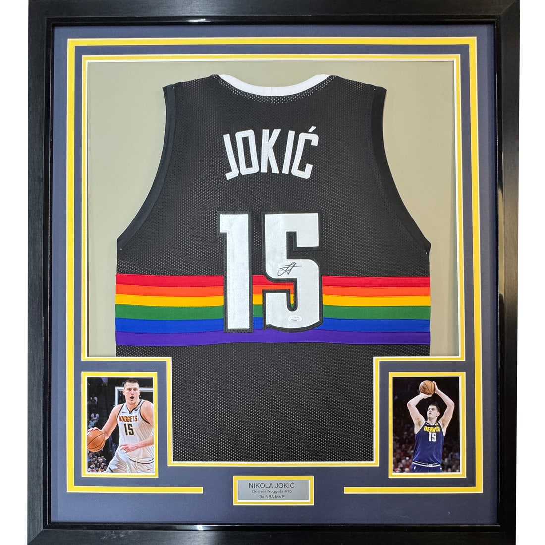Framed Autographed Nikola Jokic Black Rainbow Jersey JSA COA 35x39: Framed Autographed Nikola Jokic Black Rainbow Jersey JSA COA 35x39 Showcase your dedication to basketball with this professionally framed autographed Nikola Jokic jersey. Measuring an impressive 35x39