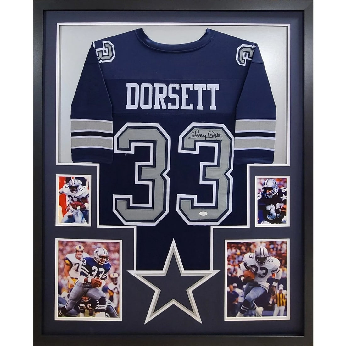 Framed Dallas Cowboys Jersey Signed by Tony Dorsett JSA: Framed Dallas Cowboys Jersey Signed by Tony Dorsett JSA Framed Dallas Cowboys jersey signed by Tony Dorsett. This autographed display includes JSA authentication with a tamper-proof sticker and featur
