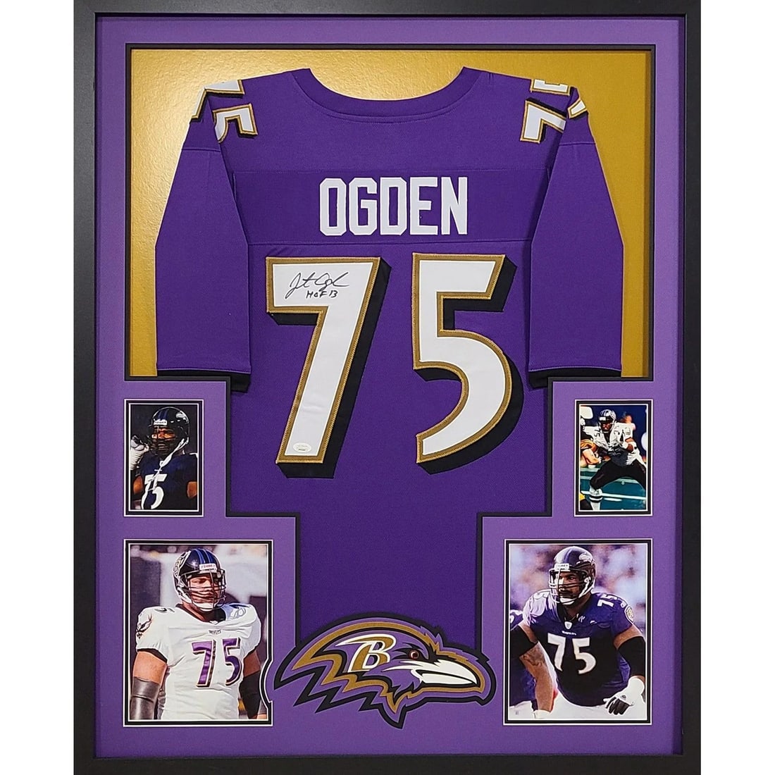 Jonathan Ogden Signed Framed Jersey JSA Authenticated Baltimore Ravens 43x36: Jonathan Ogden Signed Framed Jersey JSA Authenticated Baltimore Ravens 43x36 This is an autographed framed jersey of Jonathan Ogden, a legendary player for the Baltimore Ravens. The jersey is authenti