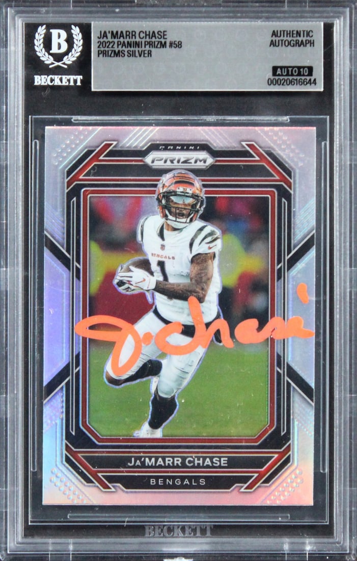 2022 Panini Prizm Silver #58 Ja'Marr Chase Autographed Card Beckett Slabbed: 2022 Panini Prizm Silver #58 Ja'Marr Chase Autographed Card Beckett Slabbed Original 2022 Panini Prizm Prizms Silver #58 card featuring Ja'Marr Chase of the Cincinnati Bengals, personally signed and p
