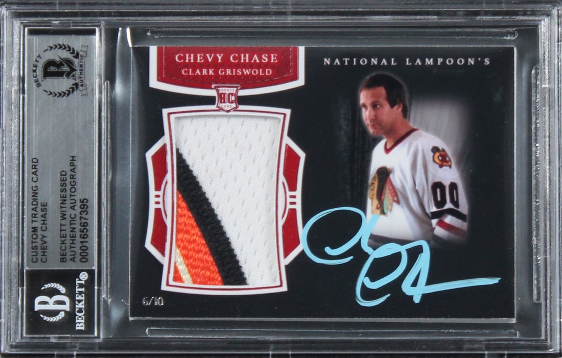 Chevy Chase Signed National Lampoon Christmas Vacation Relic Card #6/10 Beckett Authenticated: Chevy Chase Signed National Lampoon Christmas Vacation Relic Card #6/10 Beckett Authenticated This remarkable relic card features the authentic signature of Chevy Chase, renowned for his role in Natio