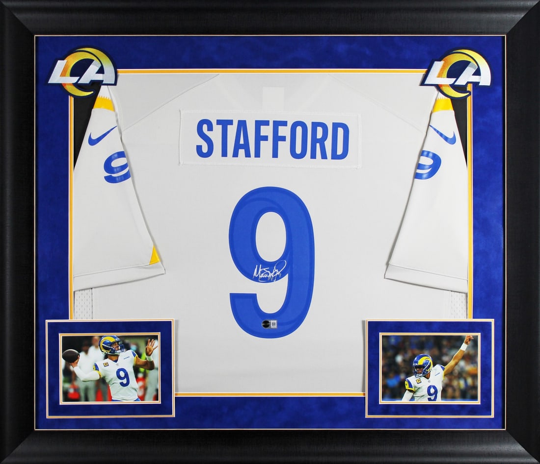 Framed Bone Nike Game Jersey Signed by Matthew Stafford Beckett Witnessed: Framed Bone Nike Game Jersey Signed by Matthew Stafford Beckett Witnessed Authentic signed Matthew Stafford bone Nike game jersey from the Los Angeles Rams, professionally framed and accompanied by Be