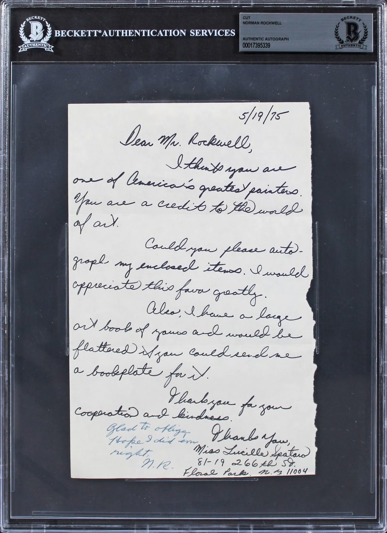 Norman Rockwell Signed Letter 5.5x8.5 1975 Glad to Oblige BAS Authenticated: Norman Rockwell Signed Letter 5.5x8.5 1975 Glad to Oblige BAS Authenticated This is an original signed letter by renowned American artist Norman Rockwell, measuring 5.5x8.5 inches. Dated May 19, 1975,