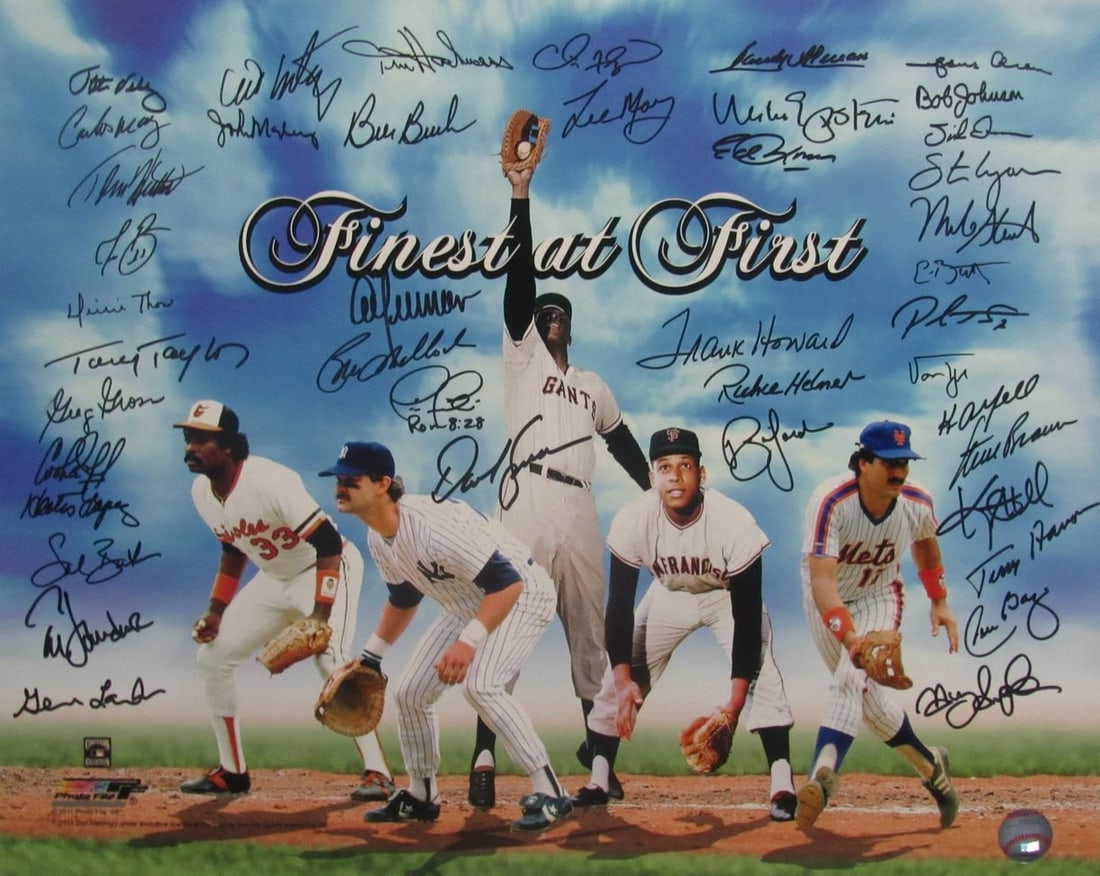 16x20 Baseball Photo Finest at First Base Signed by 43 PSA PASS 210059: 16x20 Baseball Photo Finest at First Base Signed by 43 PSA PASS 210059 Original 16x20 baseball photo titled "Finest at First Base," multi-signed by 43. This pre-owned piece is an original photo and in
