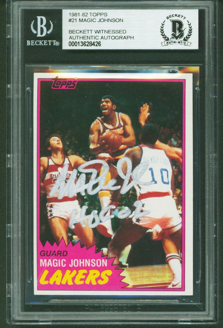 Magic Johnson Signed 1981 Topps #21 Card HOF 02 BAS Slabbed: Magic Johnson Signed 1981 Topps #21 Card HOF 02 BAS Slabbed This is an authentic signed 1981 Topps #21 basketball card featuring Magic Johnson of the Los Angeles Lakers. The card is inscribed with "HO