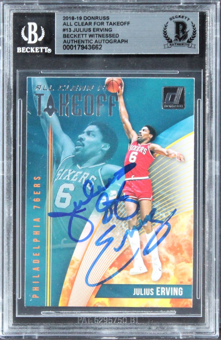 Julius Erving Signed 2018 Donruss ACFT #13 Card Beckett Authenticated: Julius Erving Signed 2018 Donruss ACFT #13 Card Beckett Authenticated This is an authentic autographed 2018 Donruss All Clear For Takeoff #13 card personally signed by basketball legend Julius Erving,